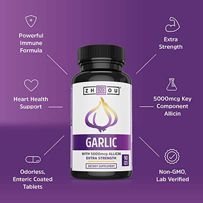 Zhou Nutrition Garlic Supplement With Allicin, Extra Strength 5000mcg Allicin Per Serving