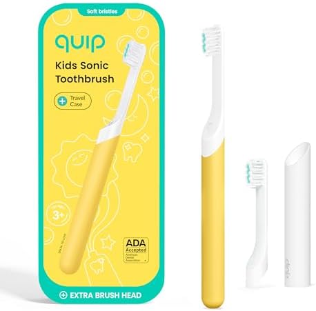 Quip Sonic Toothbrush for Kids with Replacement Heads 3 Pack Product Bundle - Includes Travel Cover Mount - Soft Bristles, Compact and Flexible - Yellow