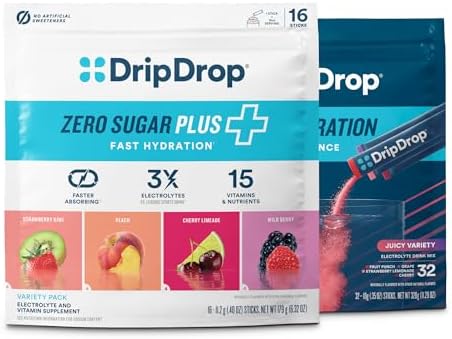 DripDrop Hydration Zero Sugar Plus Juicy Electrolyte Packets, Bundle, 32 Ct | Fruit Punch, Grape, Strawberry Lemonade, Cherry & Sugar Free Strawberry Kiwi, Peach, Cherry Limeade, Wild Berry; Single Serve
