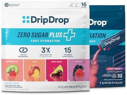 DripDrop Hydration Zero Sugar Plus Juicy Electrolyte Packets, Bundle, 32 Ct | Fruit Punch, Grape, Strawberry Lemonade, Cherry & Sugar Free Strawberry Kiwi, Peach, Cherry Limeade, Wild Berry; Single Serve