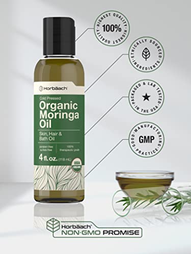 Organic Moringa Oil | 4 fl oz | for Face, Hair, and Skin | 100% Therapeutic Grade | Paraben
