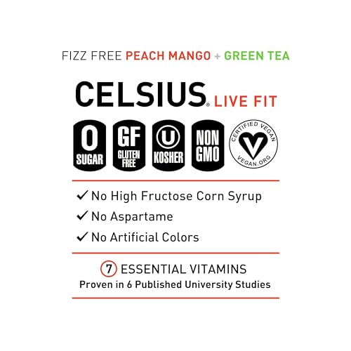 CELSIUS Peach Mango Green Tea, Functional Essential Energy Drink 12 Fl Oz (Pack of 12)