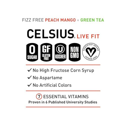 CELSIUS Peach Mango Green Tea, Functional Essential Energy Drink 12 Fl Oz (Pack of 12)