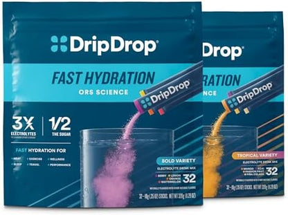 DripDrop Hydration Bold Tropical Variety Bundle Electrolyte Packets, 64 Ct | Watermelon, Berry, Lemon, Orange, Mango, Açaí, Passion Fruit & Piña Colada; Single Serve Powder Drink Mix; 3X Electrolytes