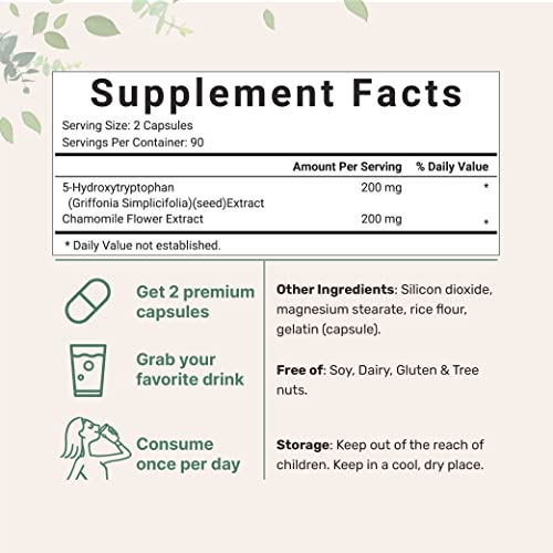 Micro Ingredients 5-HTP 200mg with Chamomile Flower Extract, 180 Capsules, 2 in 1 Formula