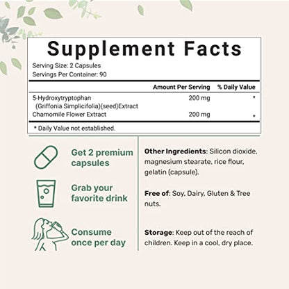 Micro Ingredients 5-HTP 200mg with Chamomile Flower Extract, 180 Capsules, 2 in 1 Formula