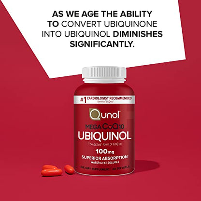 Qunol Ubiquinol CoQ10 100mg Softgels, Mega Ubiquinol 100mg - Superior Absorption