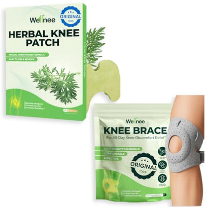 Wellnee Knee Support & Pain Relief Bundle – Herbal Knee Patch + Compression Knee Brace with Silicone Padding – Natural Joint Comfort, Stability & Recovery Support for Daily Use, Sports & Walking