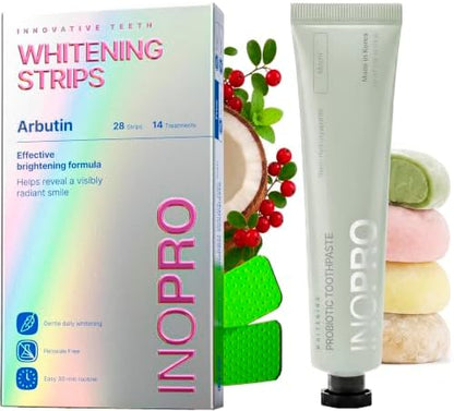InoPro Teeth Whitening Strips 14 Treatments Kit + Nano-Hydroxyapatite Whitening Toothpaste with Probiotic for Sensitive Teeth - Mochi