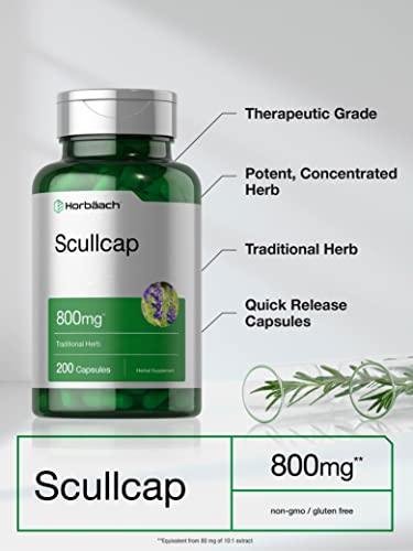 Scullcap Capsules | 800 mg | 200 Count | Max Potency, Value Size | Non-GMO and Gluten