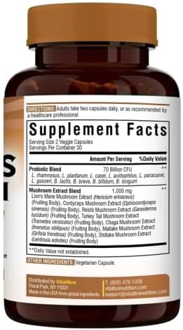 Vitalibre Probiotics+Mushroom, with Lion's Mane, Reishi, Cordyceps, 10 Probiotic Strains, 1000mg Mushroom Extract Blend, for Digestive, Immune, Brain Health & Energy Production, 60 Vegan Capsules