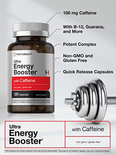 Ultra Energy Supplement | 120 Capsule Pills | with Caffeine & Vitamin B12 | Daily Energy Booster