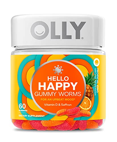 OLLY Hello Happy Gummy Worms, Mood Balance Support, Vitamin D, Saffron, Adult Chewa