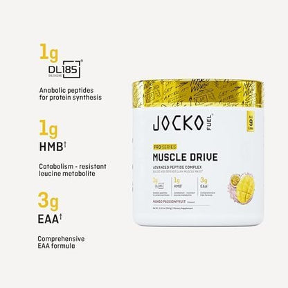Jocko Fuel Muscle Drive Pro Series, Mango Passionfruit, HMB, Di-Leucine, EAAs, Protects Lean Muscle Mass & Breakdown, Aids Recovery, Natural Appetite Suppressant, No Bloat, Zero Sugar, 30 Servings