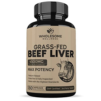 Grass Fed Desiccated Beef Liver Capsules (180 Pills, 750mg Each) - Natural Iron, Vitamin A