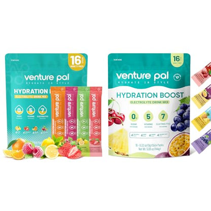 Venture Pal Sugar Free Electrolyte Powder Packets - Liquid Daily IV Drink Mix for Rapid Hydration & Party Recovery | 5 Vitamins & 7 Electrolytes| Keto Friendly | Non-GMO | Certified Vegan | 16 Sticks