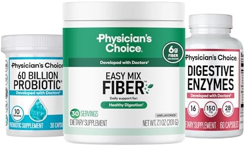 Physician's CHOICE Complete Gut Health Bundle for Bloating, Digestive Health, Immune, & GLP-1 Support - 60 Billion Probiotic 30CT + Digestive Enzymes 90CT + Easy Mix Fiber Powder 30CT