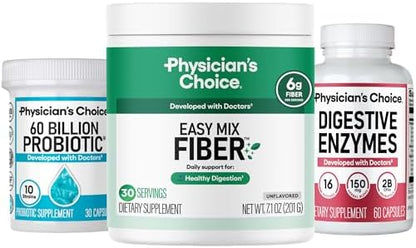Physician's CHOICE Complete Gut Health Bundle for Bloating, Digestive Health, Immune, & GLP-1 Support - 60 Billion Probiotic 30CT + Digestive Enzymes 90CT + Easy Mix Fiber Powder 30CT