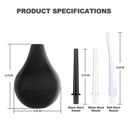 RANEU Enema Bulb Douche Enema Kit for Women & Men with 3 Nozzles (Black, 4 Piece Set)