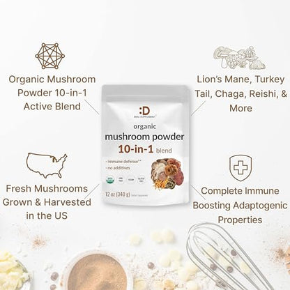 Organic Mushroom Powder Supplement, 12oz – 10 in 1 Active Blend – Turkey Tail, Lions Mane
