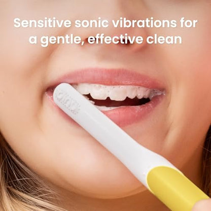 Quip Sonic Toothbrush for Kids with Replacement Heads 3 Pack Product Bundle - Includes Travel Cover Mount - Soft Bristles, Compact and Flexible - Yellow