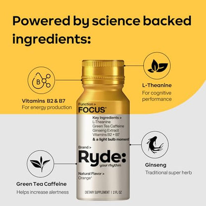 RYDE Shots Energize + Focus, Essential B Vitamins and Caffeine, Zero Calories, Zero Sugar, Pack of 16