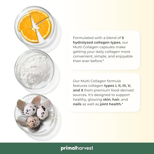 Primal Harvest Multi Collagen Pills for Women and Men (Type I, II, III, V, X) 120 Capsules
