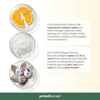 Primal Harvest Multi Collagen Pills for Women and Men (Type I, II, III, V, X) 120 Capsules