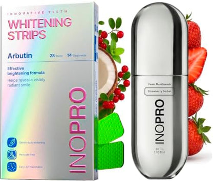 InoPro Teeth Whitening Strips 14 Treatments Kit + Foam Mouthwash with Nano-Hydroxyapatite, Xylitol, Hyaluronic Acid, Vinamin C - Strawberry Sorbet