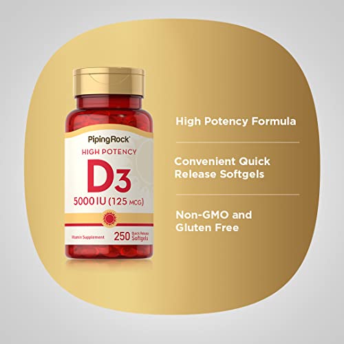 Piping Rock Vitamin D3 5000 IU | 250 Softgels | High Potency Supplement | Non-GMO
