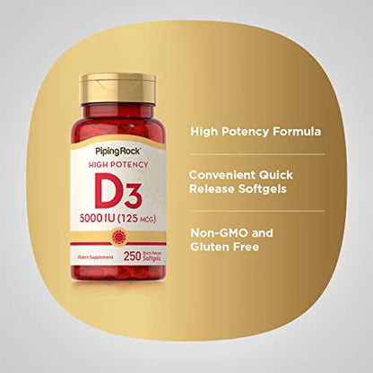 Piping Rock Vitamin D3 5000 IU | 250 Softgels | High Potency Supplement | Non-GMO