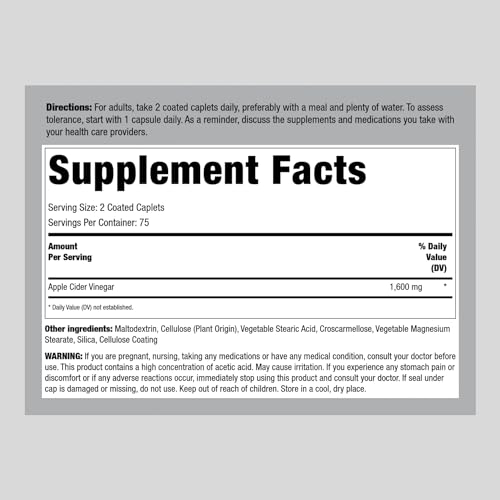 Piping Rock Apple Cider Vinegar Pills | 1600mg | 150 Caplet Capsules | High Potency