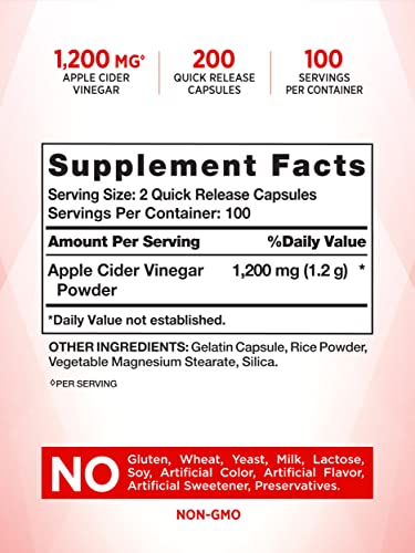 Nature's Truth Apple Cider Vinegar Capsules | 1200mg | 200 Pills | Extra Strength | Value Size