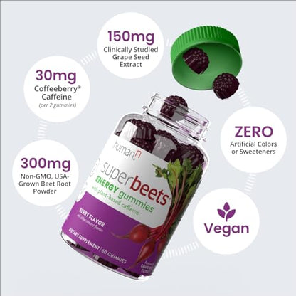 humanN SuperBeets Energy Gummies - Quick Energy & Mental Focus - Help Increase