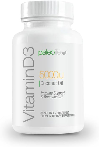 Premium Vitamin D3 5000 IU- New Formula: Paleo Life Vitamin D3 5000iu Premium High Potency with Coconut Oil - 60 Capsules. (2-Pack)