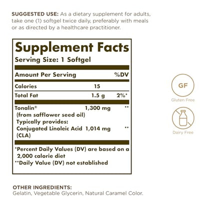 Solgar Tonalin CLA 1300 mg - 60 Softgels - Conjugated Linoleic Acid - Non-GMO, Gluten