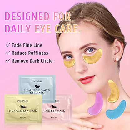 PEAUAMIE Under Eye Patches (30 Pairs) Gold Eye Mask and Hyaluronic Acid Eye Patches