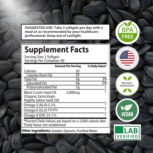Organic Black Seed Oil Capsules - 3 Month Supply - 180 Count (2000mg Per Serving)