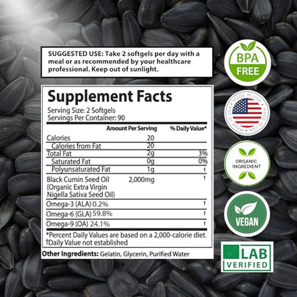 Organic Black Seed Oil Capsules - 3 Month Supply - 180 Count (2000mg Per Serving)