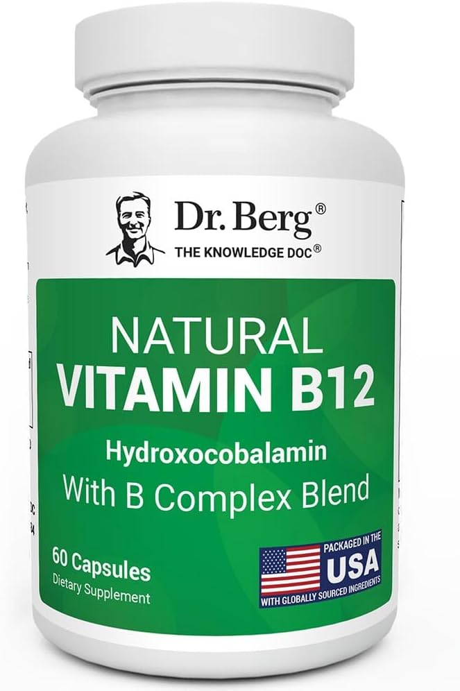 Dr. Berg Natural Vitamin B12 1000 mcg (Hydroxocobalamin) 60 Capsules – Energy, Brain & Nervous System Support* – w/B-Complex + Magnesium – 4X Lab Tested, GMO-Free, No Fillers
