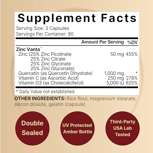 NatureBell Zinc Quercetin with Vitamin C & D3, 240 Capsules | Quercetin 1,000mg, 4 in 1 Zinc 50mg, Vitamin C 250mg, Vitamin D3 5,000 IU – ZincVanta Advanced Immune Defense & Lung Support