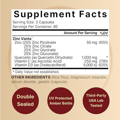 NatureBell Zinc Quercetin with Vitamin C & D3, 240 Capsules | Quercetin 1,000mg, 4 in 1 Zinc 50mg, Vitamin C 250mg, Vitamin D3 5,000 IU – ZincVanta Advanced Immune Defense & Lung Support