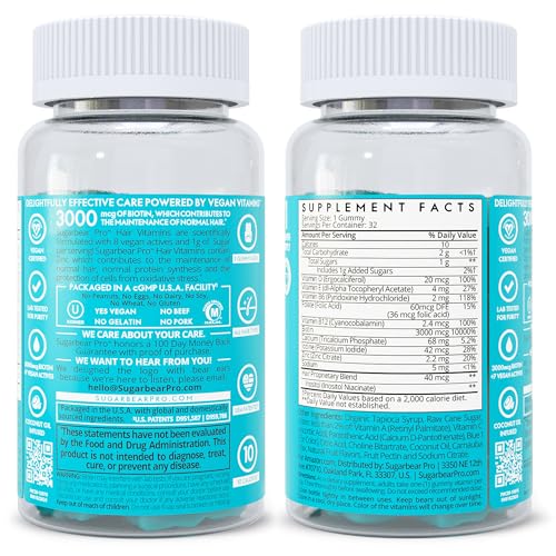 Sugarbear Hair Vitamins - Biotin, Zinc, Iodine, Vitamin E, Folic Acid, Inositol - Vegan Gummies