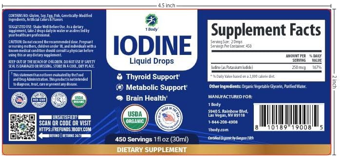 1 Body Liquid Iodine Drops, Potassium Iodide Supplement, 450 Servings