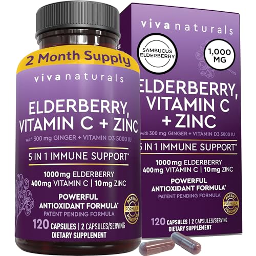 Viva Naturals Elderberry with Vitamin C and Zinc for Adults - 5 in 1 Sambucus Black 