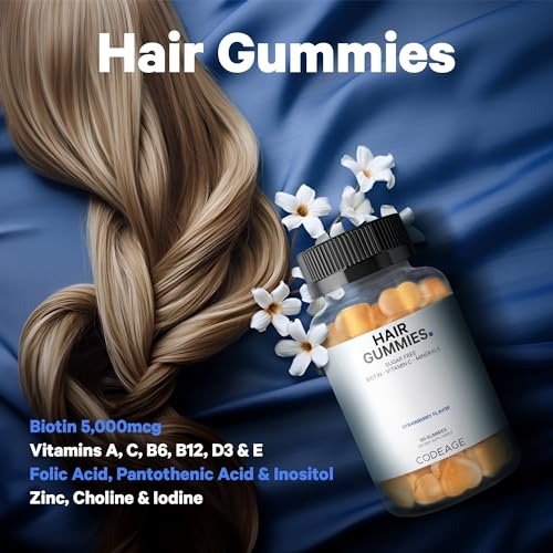 Codeage Hair Gummies, Biotin 5000 mcg, Sugar Free Growth Gummy Vitamins A, C, B6, B12