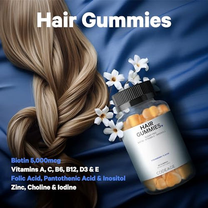 Codeage Hair Gummies, Biotin 5000 mcg, Sugar Free Growth Gummy Vitamins A, C, B6, B12