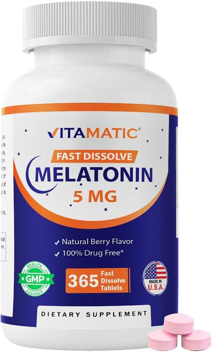 Vitamatic Melatonin 5 mg Tablets | Vegetarian, Non-GMO, Gluten Free | 1 Year Supply | Natural Berry Flavor - 365 Tablets