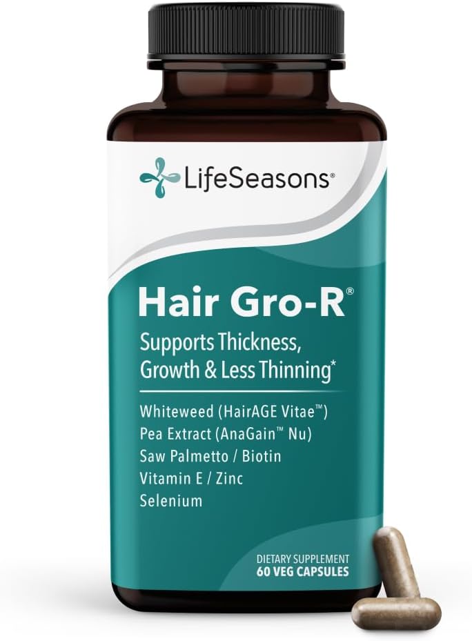 LifeSeasons Hair Gro-R - Clinically Studied Ingredients - Support Thickness Growth & Less Thinning - Reduce Hair Loss & Encourage Regrowth - Biotin Zinc Selenium & AnaGain Nu Pea Extract - 60 Capsules