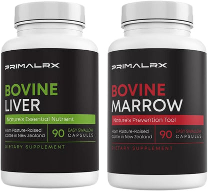 Beef Liver & Beef Bone Marrow Supplement Bundle, Grass Fed Freeze-Dried Organ Capsules with Heme Iron, Vitamin A, B12, Vitamin K2, Healthy Fats & Collagen, Whole Food Ancestral Support, 2 x 90 Count